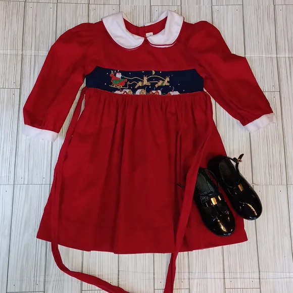 red corduroy christmas dress Red Corduroy Holiday Christmas Dress Girls6 Vntg Style Candy Cane Ribbon Ruffles